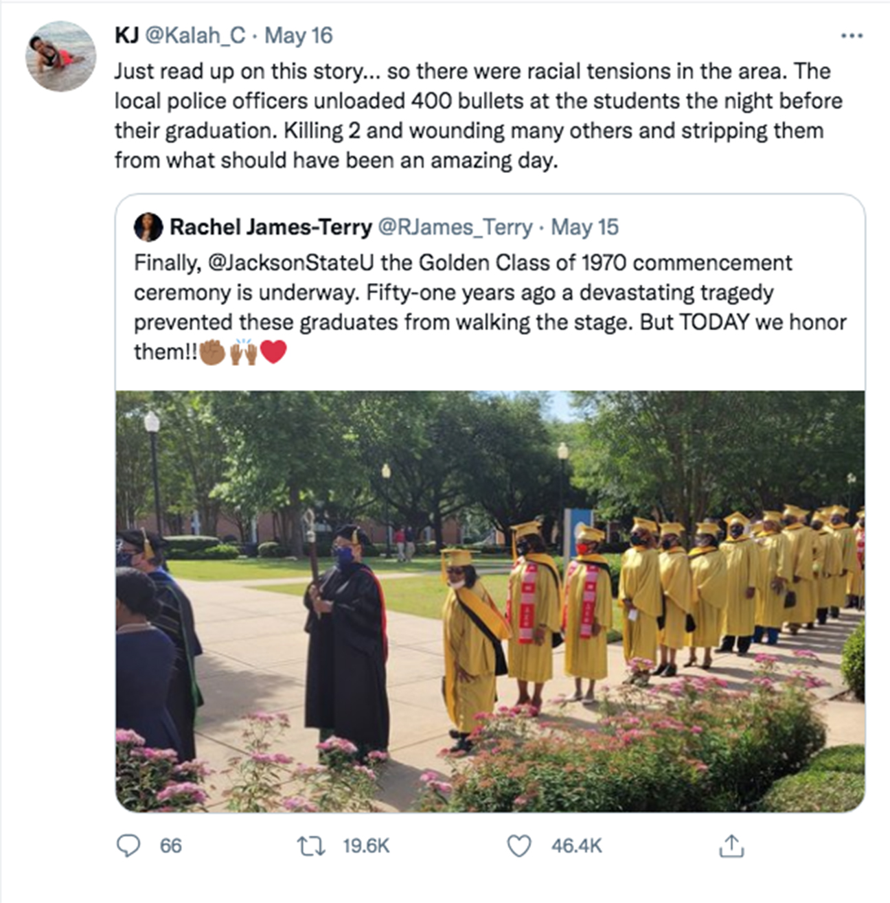 A tweet about the Golden Class of 1970 catalyzed a Twitter conversation about the Gibbs/Green Tragedy at JSU, among thousand of likes, shares and millions of views.