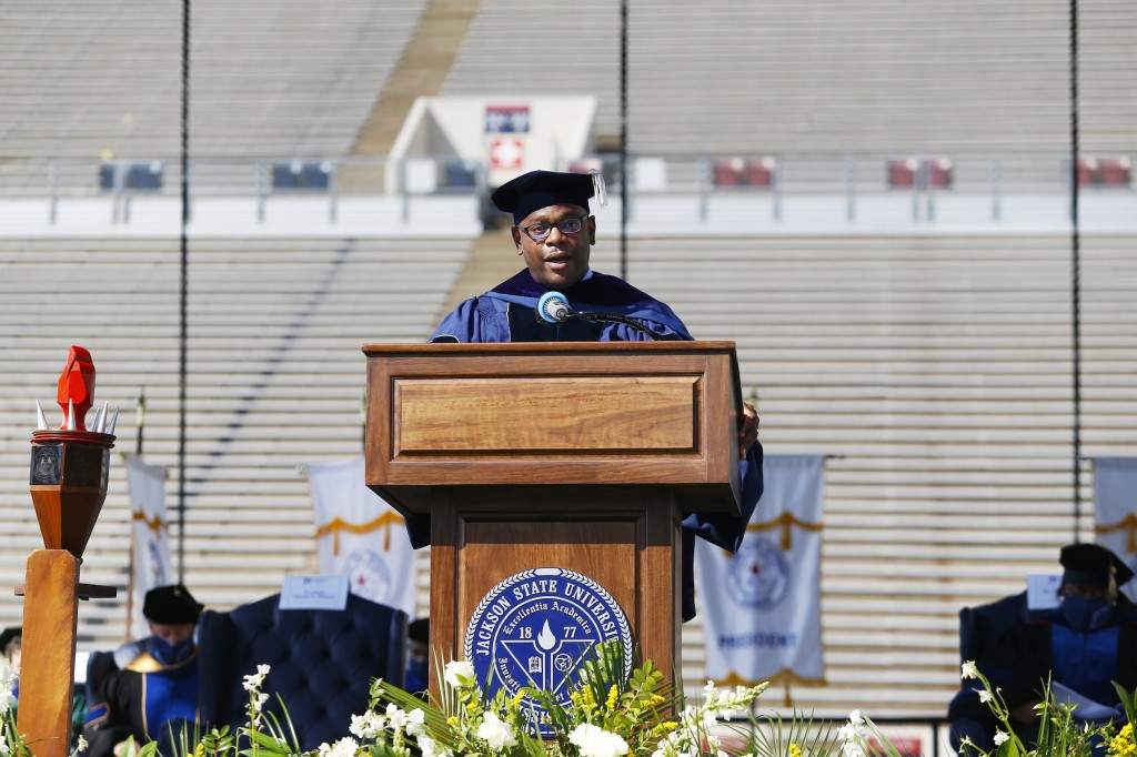 Thomas K. Hudson, 12th president of JSU, praised graduates for enduring the pandemic and returning for their in-person ceremony a year later. (Photo by William Kelly/JSU)