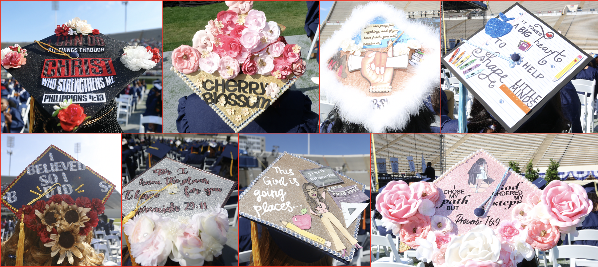 Graduates personally decorated their caps to reflect their personality and personal mantras. (Photos by William H. Kelly, III and Aron Smith/University Communications)