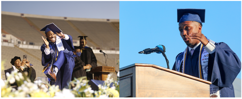 Jordan Jefferson, SGA president of the class of 2020, implored graduates to find their purpose. Later, Jefferson, a member of Alpha Phi Alpha Fraternity, Inc., stepped across the stage to accept his diploma. (Photo by William Kelly/JSU)