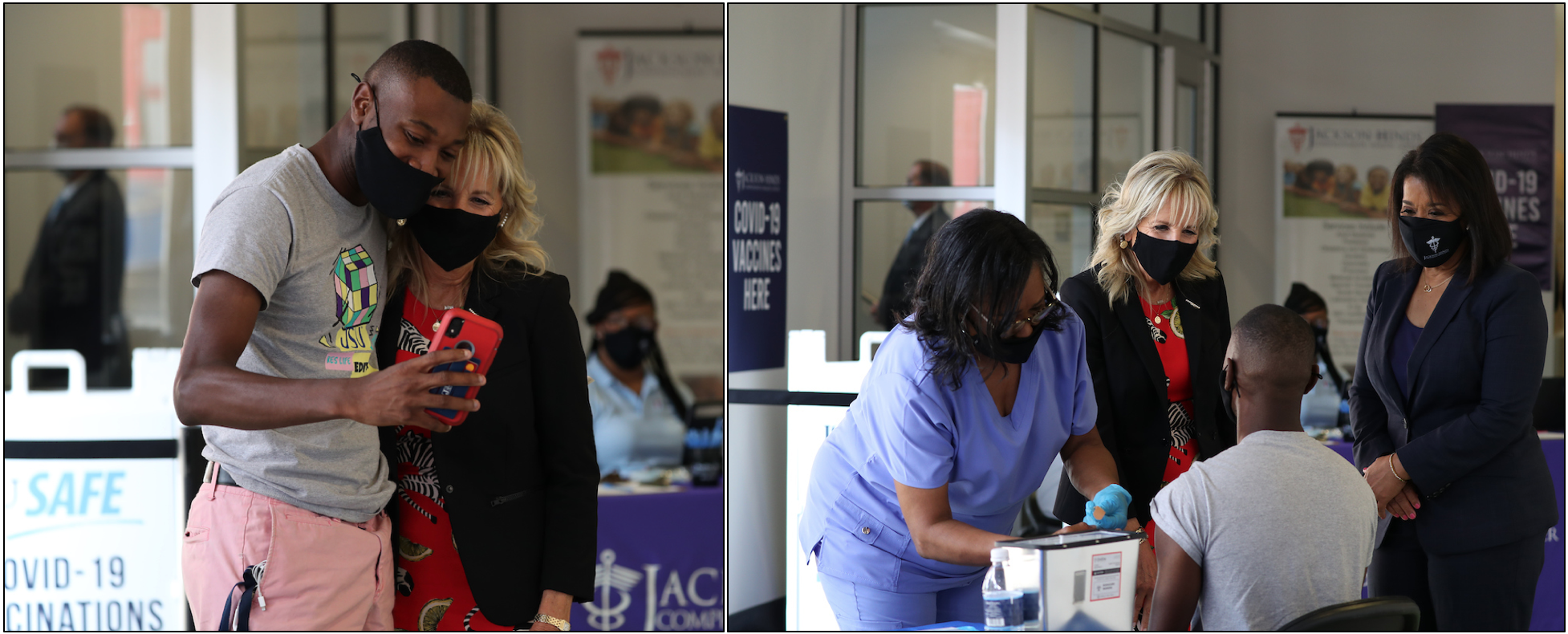 Just after being encouraged before his COVID-19 vaccination shot, a JSU student takes a second shot – a selfie with Biden. (Photos by William H. Kelly III/JSU)