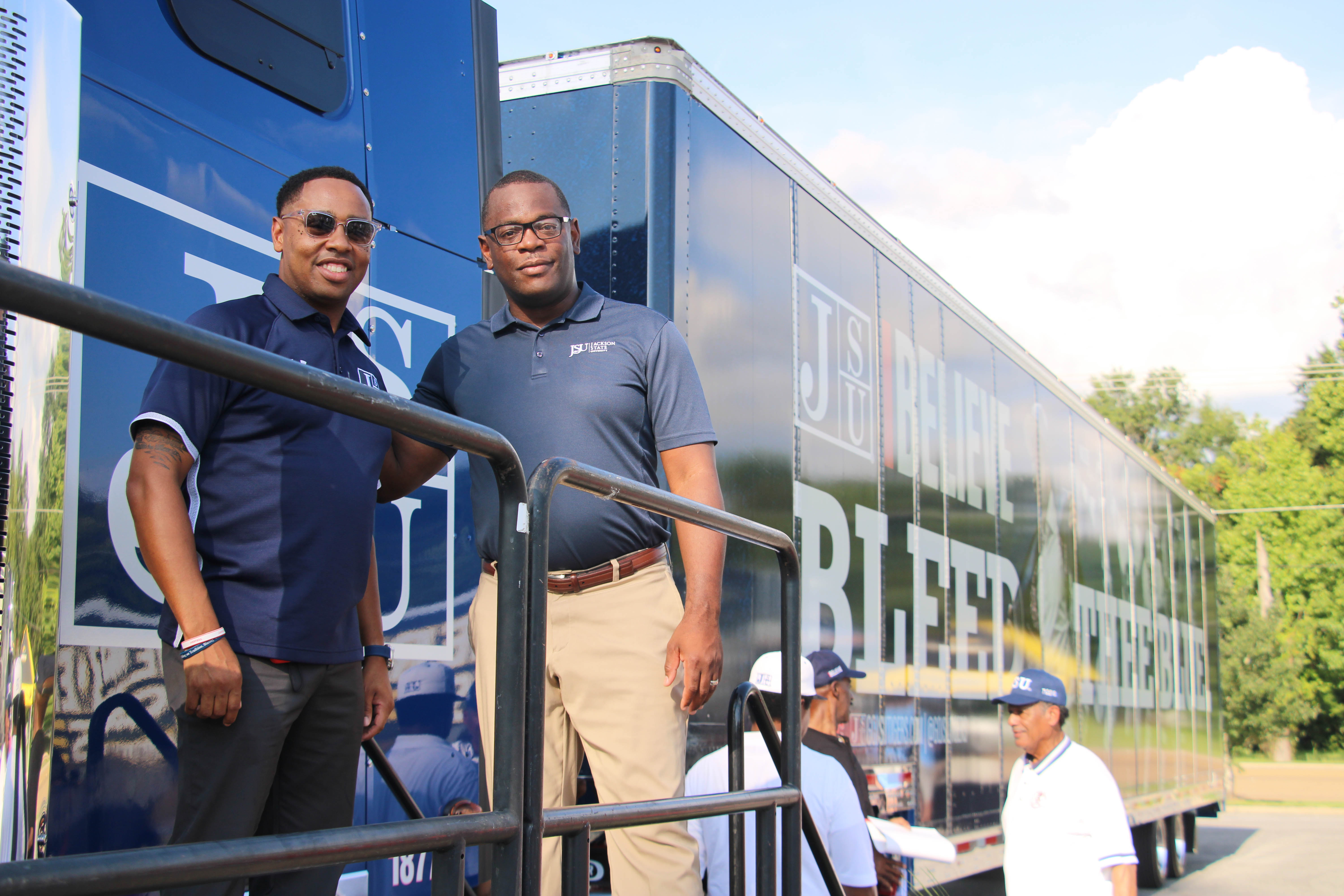 Jackson State University President Thomas K. Hudson and Vice President and Director of Athletics Ashley Robinson helped to unveil the football team’s new 18-wheeler that will be used to transport equipment and gear to away games.