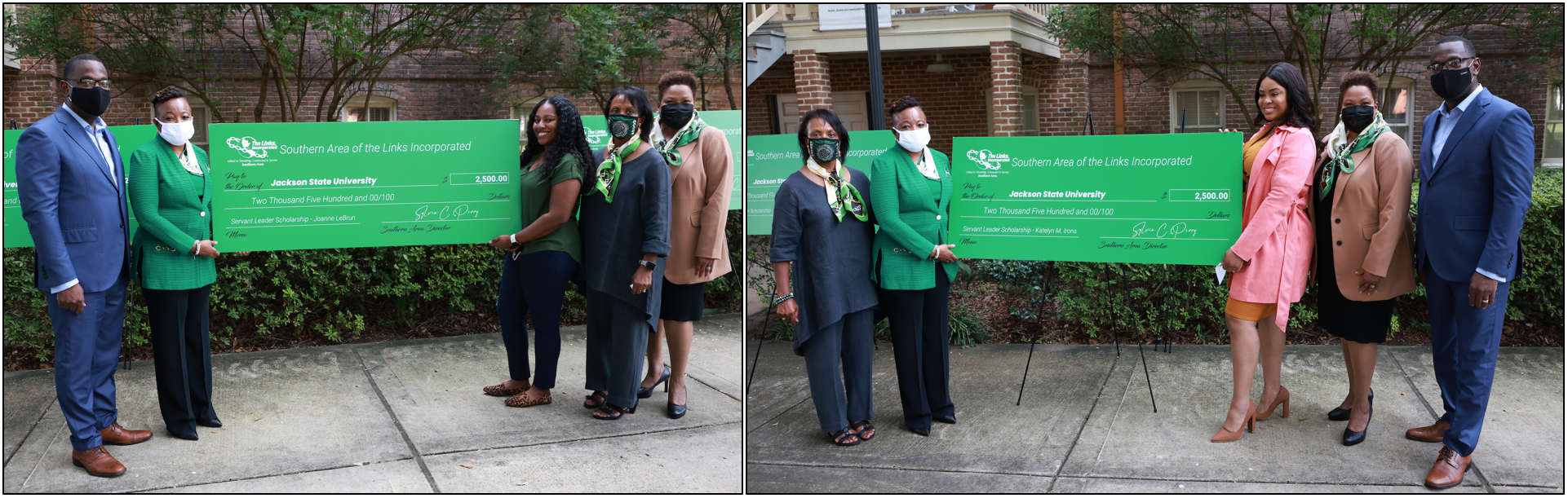 Hudson and Walters acknowledge the gifts presented to JSU students Joanne LeBrun and Katelyn Irons. (Photos by Charles A. Smith/JSU)