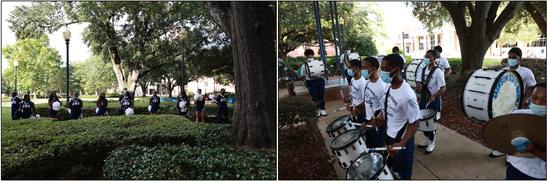The JSU cheering squad rooted for the honorees. Also present, the drumline of the Sonic Boom added tempo and rhythm to the ceremony. (Photos by Charles A. Smith/JSU)