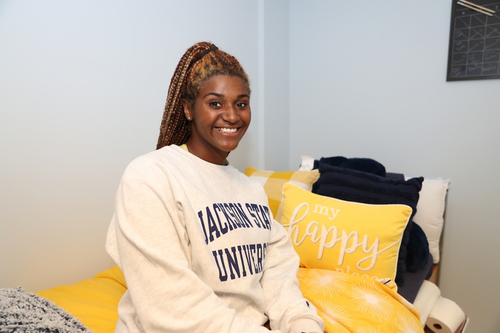 Diamond Arnold of Dallas, Texas, is an incoming freshman studying mass communications. Before moving in, she's been assisting JSU's Department of Athletics as an athletic trainer. (Photo by William H. Kelly III/JSU)