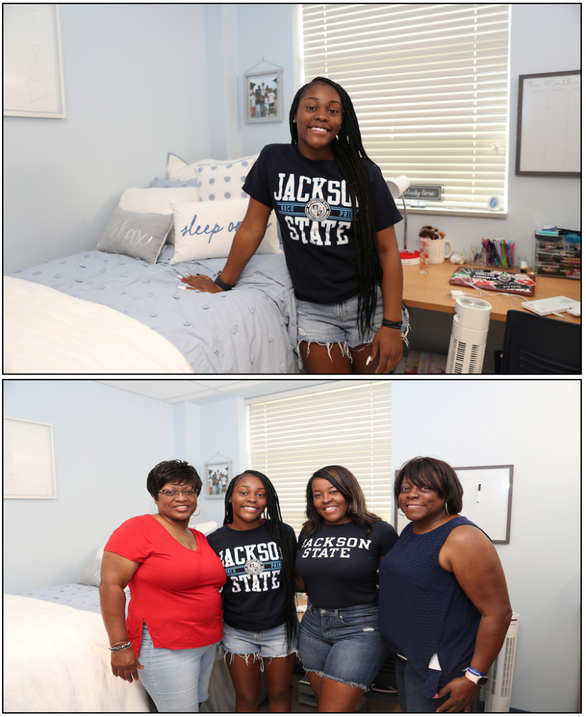Joreyn Patterson, 18, of O’Fallon, Illinois, is a freshman political science major. She had strong support from her family as she moved into Stewart Hall. (Photos by William H. Kelly III/JSU)
