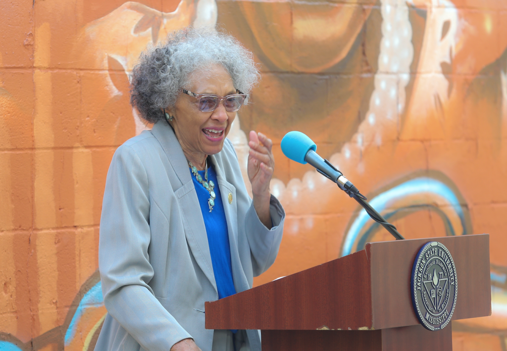 Thrilled and slightly shocked, Rep. Alyce Clark, said, "When I learned that I was being considered, I was blown away to know that they would consider me along with those other people they have on the mural. Have you looked at them and the kind of things that they've done through the years? To be among them on that wall, here in West Jackson, is such an honor." (Photograph by William Kelly, University Communications)