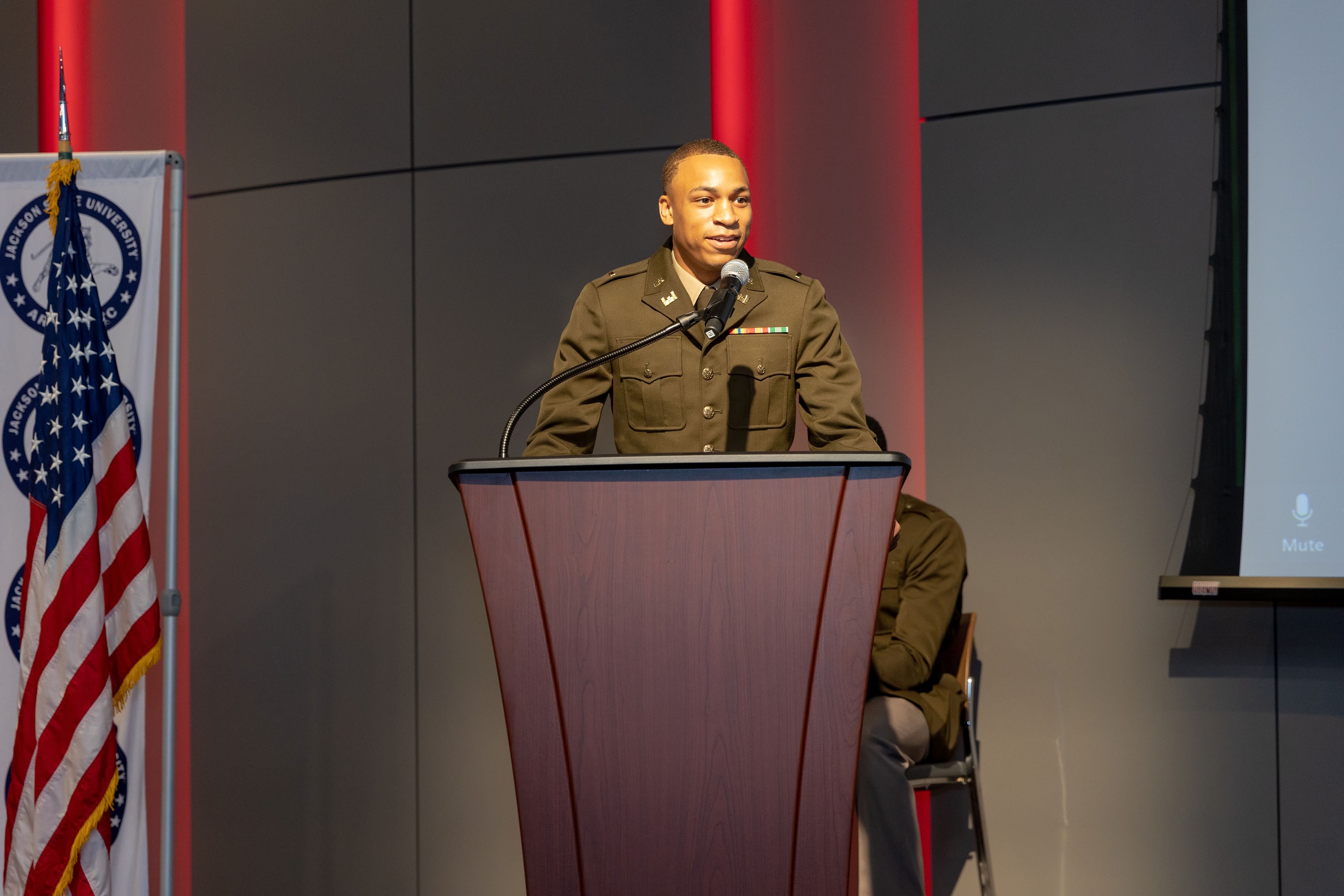 Newly commissioned 2nd Lt. Taylor C. Walker acknowledges his supporters -- family, friends, cadre. The native of Jackson is a recent finance graduate. (Photo courtesy of JSU Army ROTC).