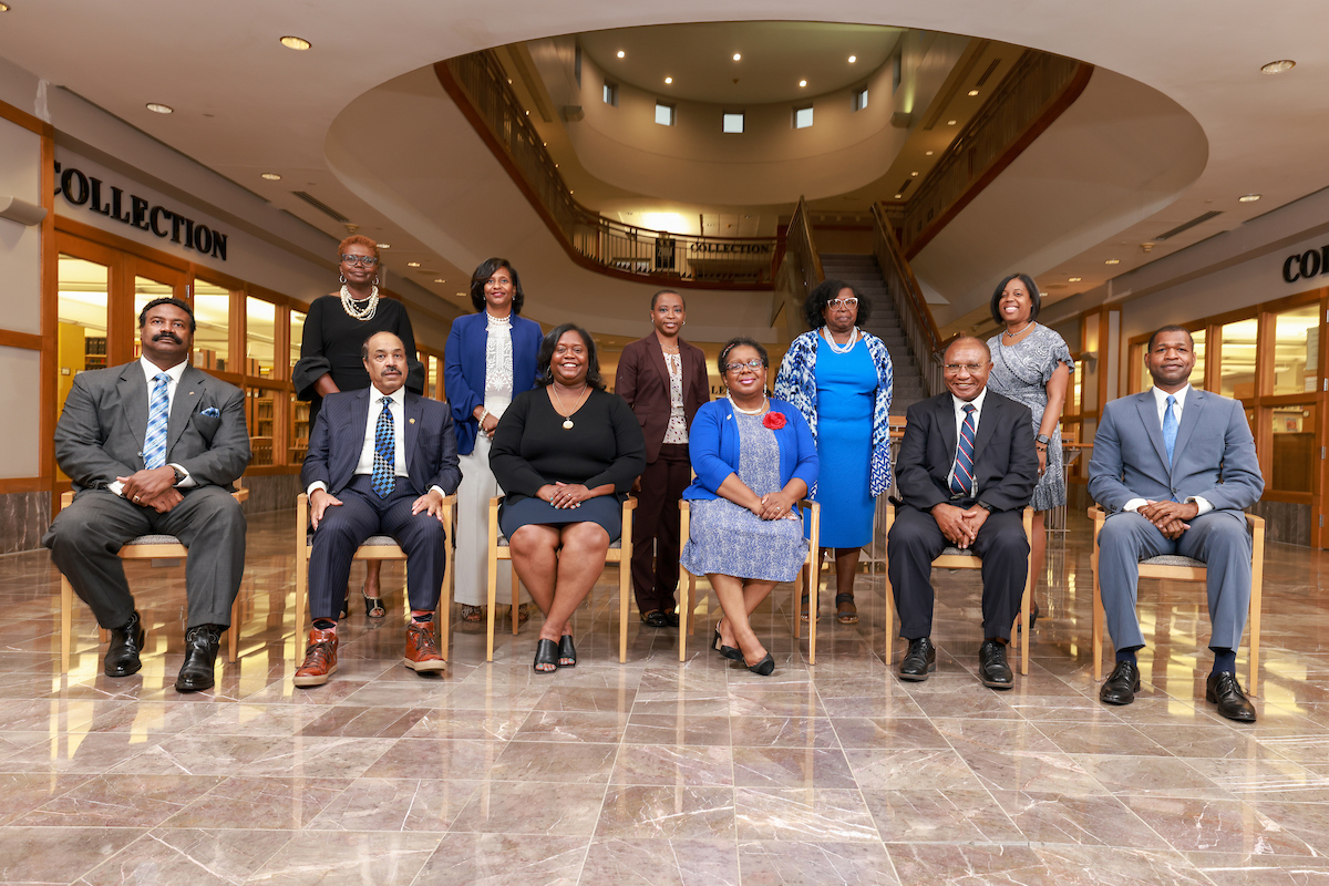The Jackson State University academic deans (seated) and the JSU academic affairs council took the shot as a way to help protect the campus community.(Photo by Charles Smith/University Communications)