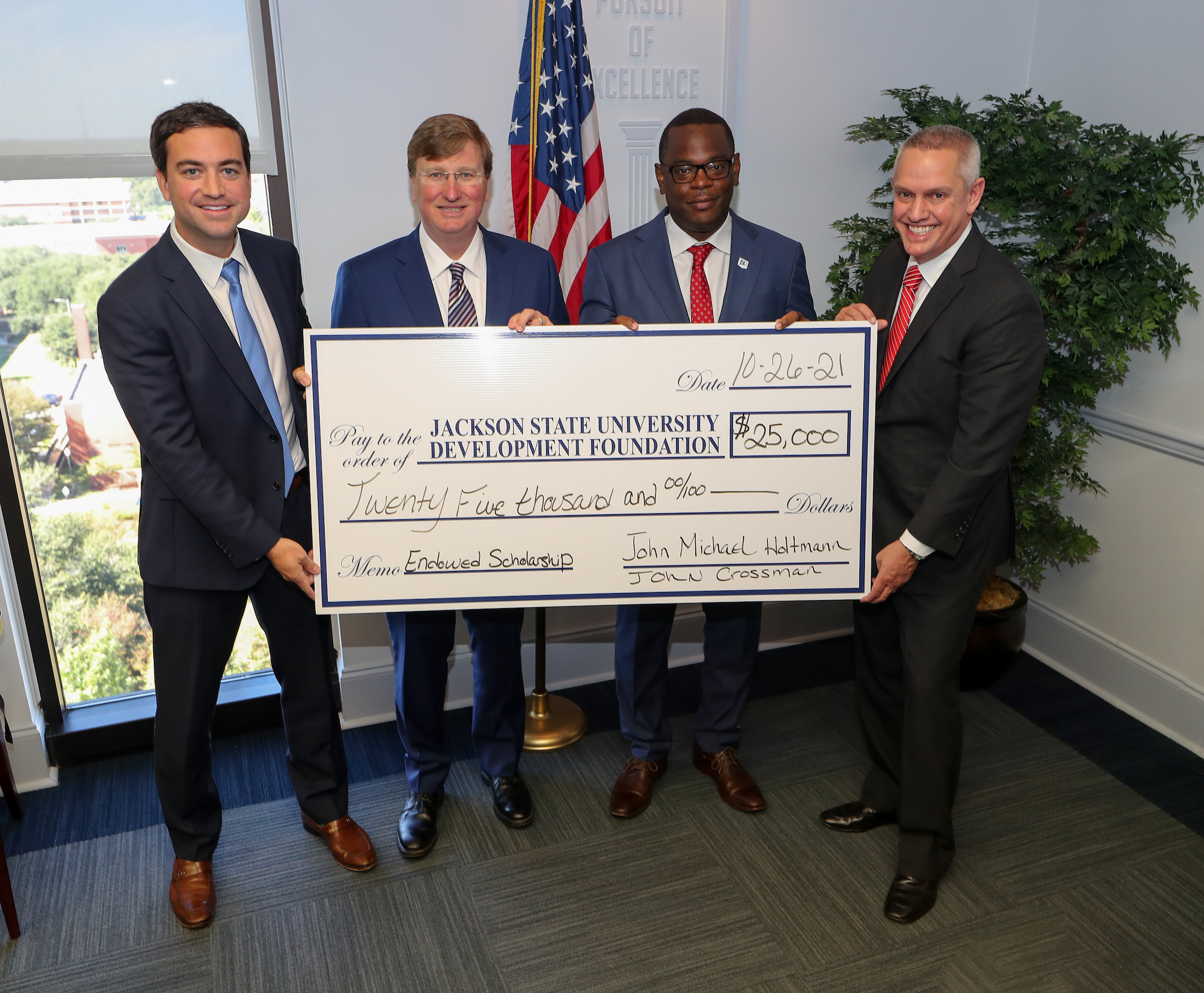 JSU receives first-ever endowed scholarship by commercial real estate executives Crossman and Holtman. (Left to right) John Michael Holtmann, principal of Holtmann Properties, John Crossman, Mississippi Governor Tate Reeves, Thomas K. Hudson, president of JSU, and CEO of Crossman Career Builders.