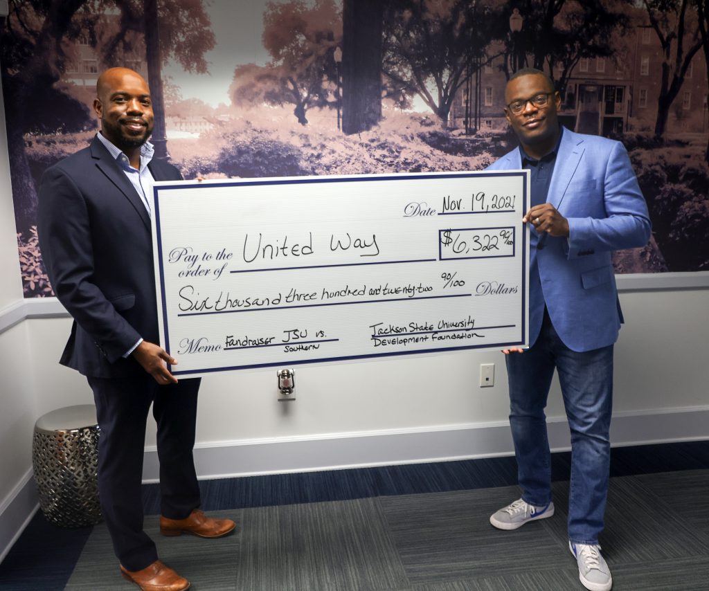 JSU wins "Fanraiser Challenge" against Southern University by raising over $6,000 for the United Way disaster recovery fund. (Photo by Charles A. Smith/JSU)