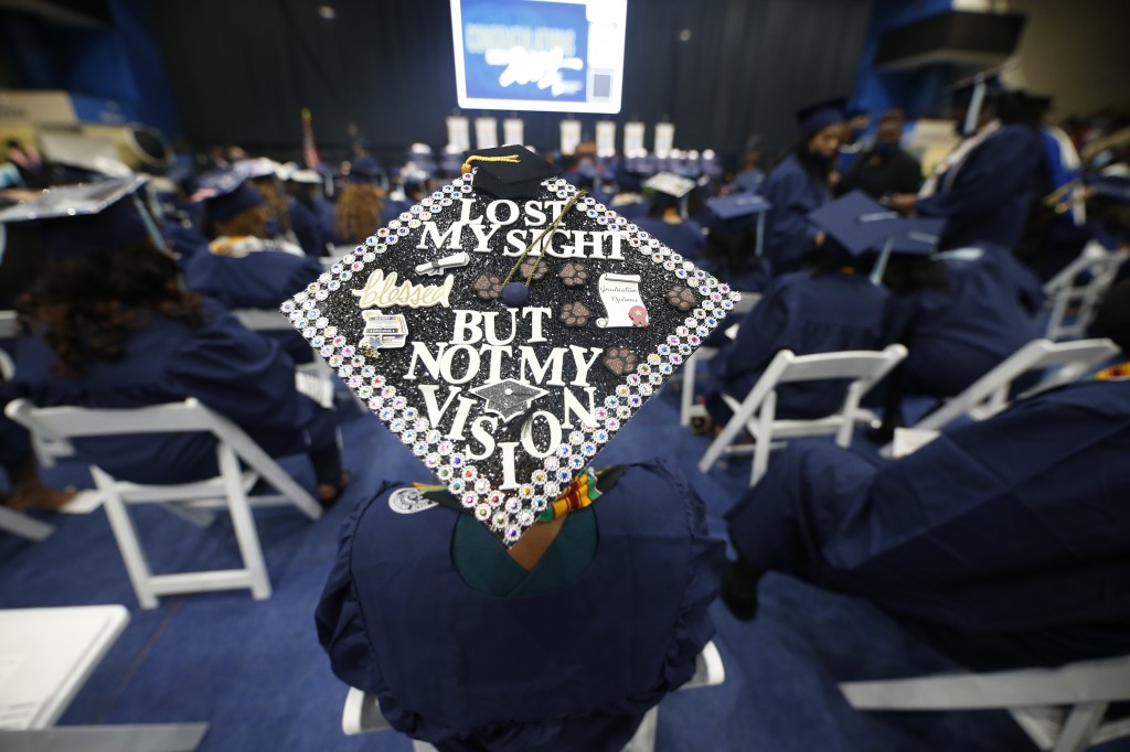 Maberry's graduation cap states, "Lost my sight but not my vision." It symbolizes her journey at Jackson State University. (Photo by: Aron Smith/University Communications)
