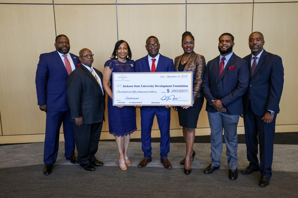 The P3 Group, Inc., which is the largest African American-owned real-estate development firm in the U.S. donated $150,000 to JSU and FAMU earlier this year. The group also gave $10,000 to the Sonic Boom of the South. (Photo by Charles A. Smith/JSU)