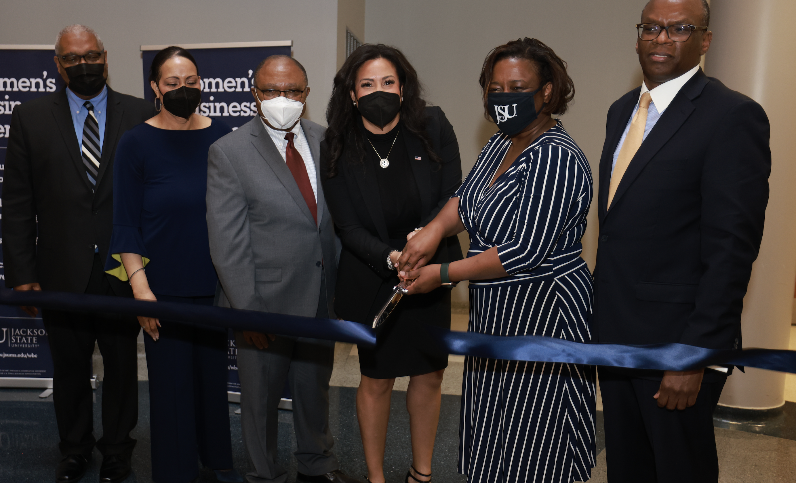 The official ribbon-cutting for the Women's Business Center @JSU was held on Friday, Feb. 7. Pictured from (L to R): David Johnson, Sr., senior vice president and director of Community Development; Janita Stewart, district director of the Mississippi Small Business Administration; Fidelis Ikem, Ph.D., dean of the College of Business; Natalie Madeira Cofield, assistant administrator for the Women’s Business Ownership Office of the SBA; Alisa Mosley, Ph.D., provost and senior vice president for Academic Affairs; and Sydney Brown, director of the Women’s Business Center @JSU.(Photo by: Charles Smith/University Communications)