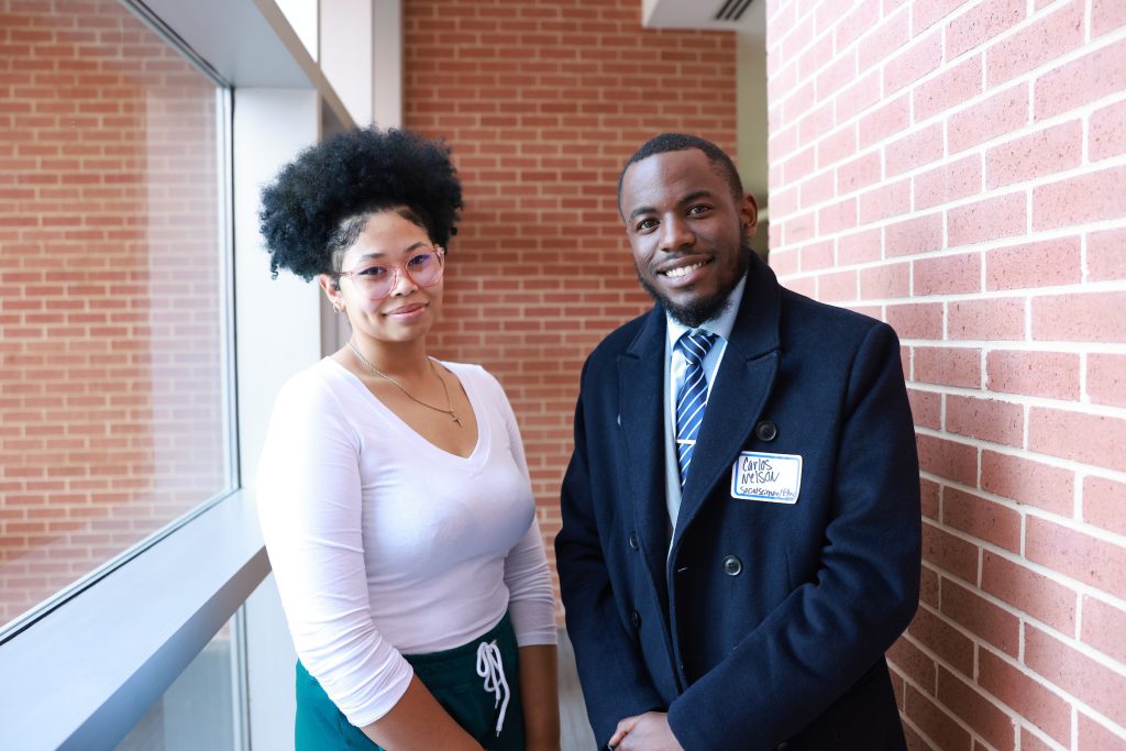 Lichelle Brown (left) and Carlos Nelson, Jr. (right), graduating seniors, shared how moved they were by the relaunch. (Photo by William Kelly/JSU)