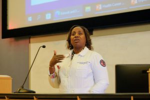 Dr. Loretta Jackson-Williams, MD, is the vice dean for Medical Education at UMMC School of Medicine. As an icebreaker, Jackson-Williams played the online game-based learning platform Kahoot! with students in the audience. (Photo by Charles A. Smith/JSU)