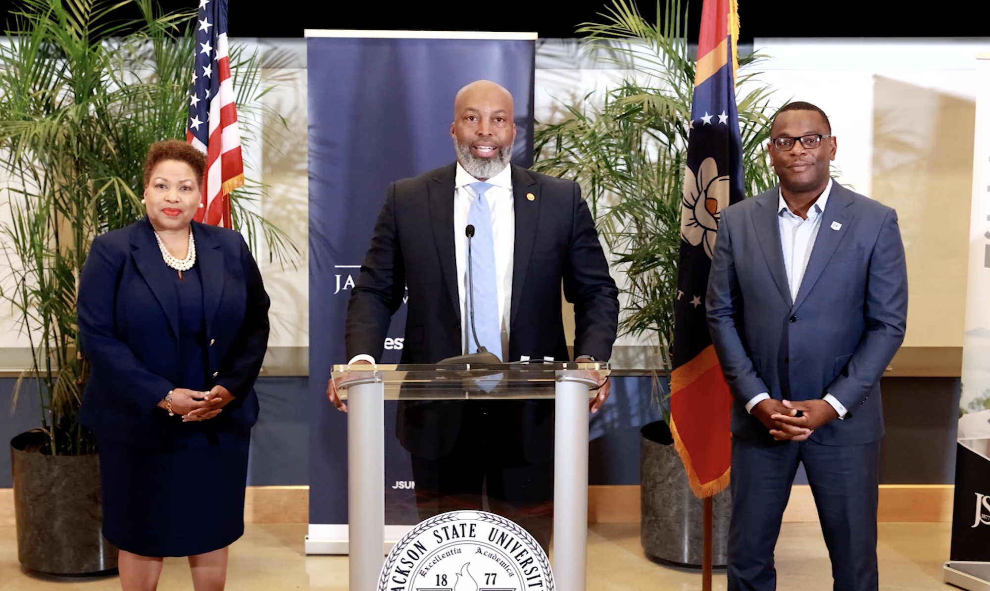 Leaders of the FBI, Jackson State University and Tougaloo College gathered to announce a partnership to strengthen community ties with HBCUs and improve the diversity of the FBI. Pictured Left to Right: Tougaloo President Carmen J. Walters, Ph.D., Special Agent in Charge Jermicha Fomby and Jackson State University President Thomas K. Hudson.
