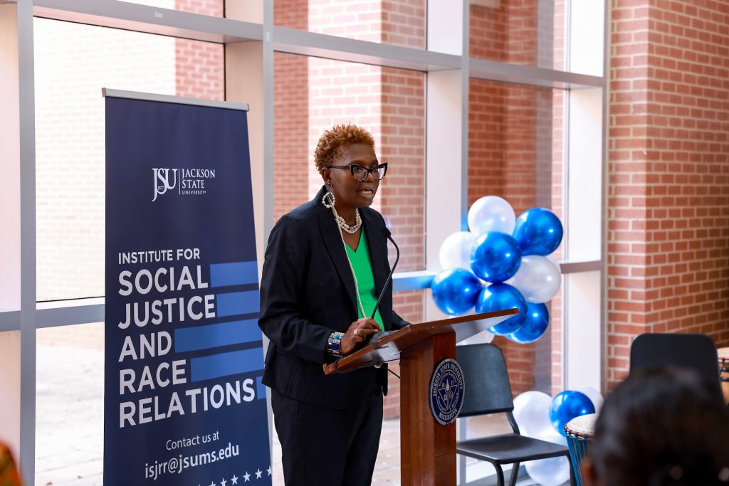 ConSandra McNeil, Ph.D., assistant provost, is the activity director of the recently relaunched Institute of Social Justice and Race Relations at JSU. McNeil led the grand reopening event with greetings for attendees. (Photo by William Kelly/JSU)