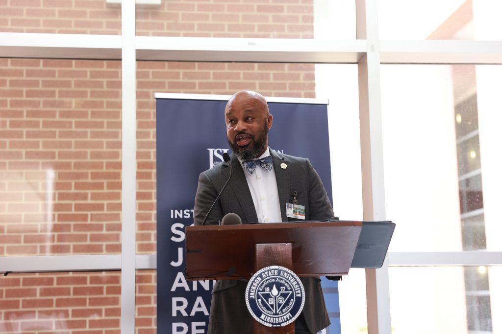 Mitchell Shears, Ph.D., associate vice president of Student Success and director of Title III, told the audience, "I hope that during the implementation of this program that everyone that comes in contact with this program understands the words of Mahatma Gandhi when he quoted, 'Our ability to reach unity in diversity will be the beauty and the test of our civilization.'” (Photo by William Kelly/JSU)