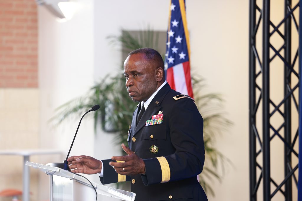 Brigadier General Robert Crear graduated from Jackson State University in 975. Guests listened as he shared his inspiration for becoming a military officer and anecdotes about his family. (Photo by William Kelly/JSU)