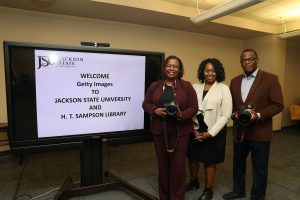 Pictured L to R: JSU Provost Alisa Mosley, Ph.D.; Cassandra Illidge, Getty Images Vice President of Partnerships; and JSU President Thomas K. Hudson, J.D.
