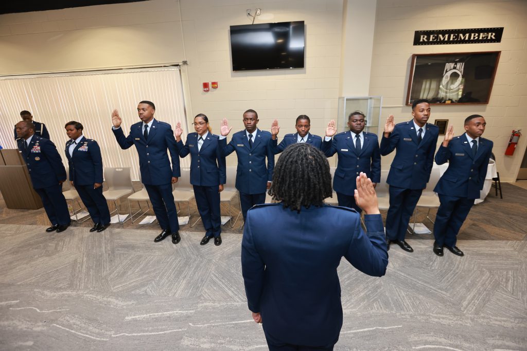 JSU Air Force ROTC Commissioning Class receiving the commissioning oath making them the largest class of commissioned officers since the inception of the program in 2005. (Photo Credit: Charles A. Smith/University Communications)