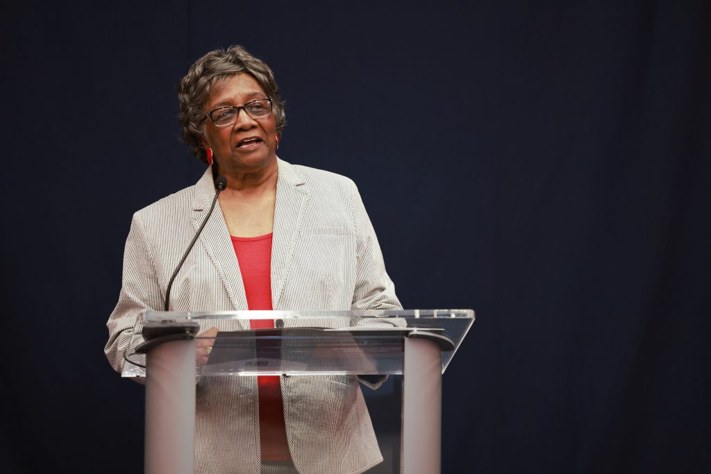 (Photo Credit: Mrs. Vivian Gorden receives dedication in honor of her late husband, W.C. Gorden and extend sincere gratitude towards Jackson State family. Charles A. Smith/University Communications)