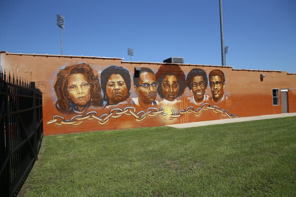 Adorning the wall of Jackson State University's COFO building is a mural titled "Chainbreakers," featuring iconic civil rights figures including Fannie Lou Hamer, Bob Moses and Rep. Alyce G. Clarke. (Photo by William Kelly/JSU)