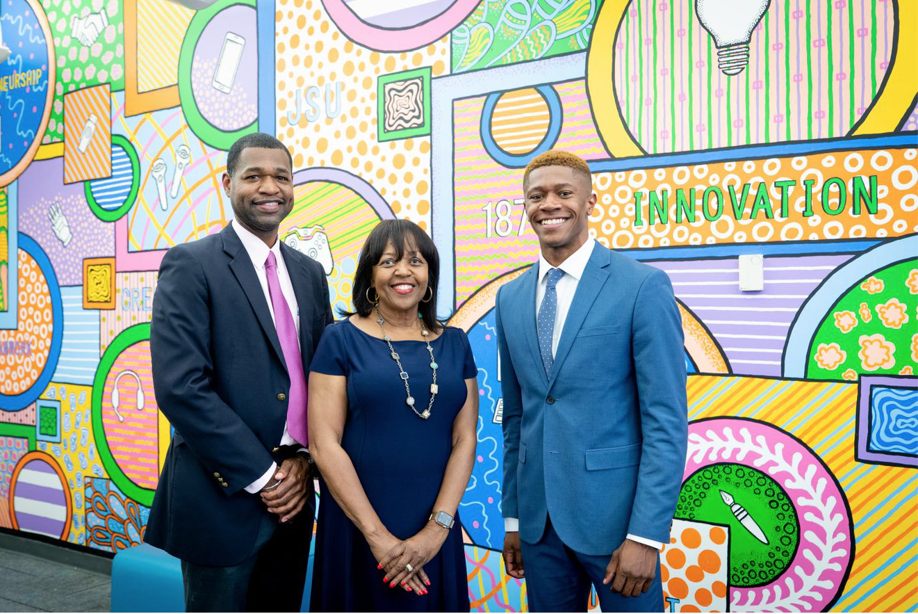 (In photo from left to right: Wilbur Walters, PhD, Dean of College of Science, Engineering, and Technology, Deborah Dent, PhD, Chief Information Officer, and JJ Townsend, Jackson native and creator of Microsoft's Technology, Education, and Literacy in Schools (TEALS) program in Jackson.)