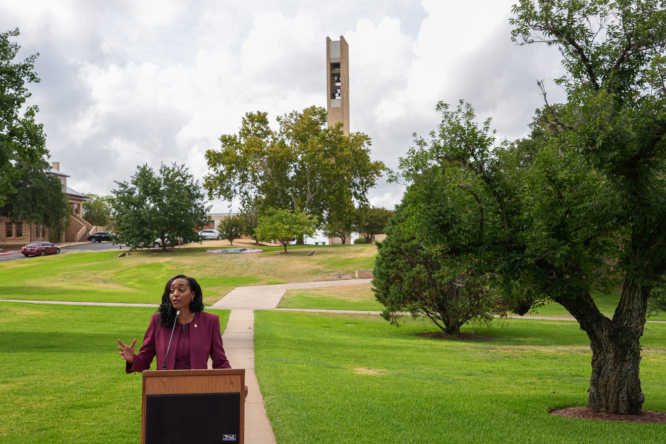 Melva Williams speaks at an outdoor news conference at Huston Tillotson University, outing her goals for the university. (Photo Credit: Aaron E. Martinez/American-Statesman)