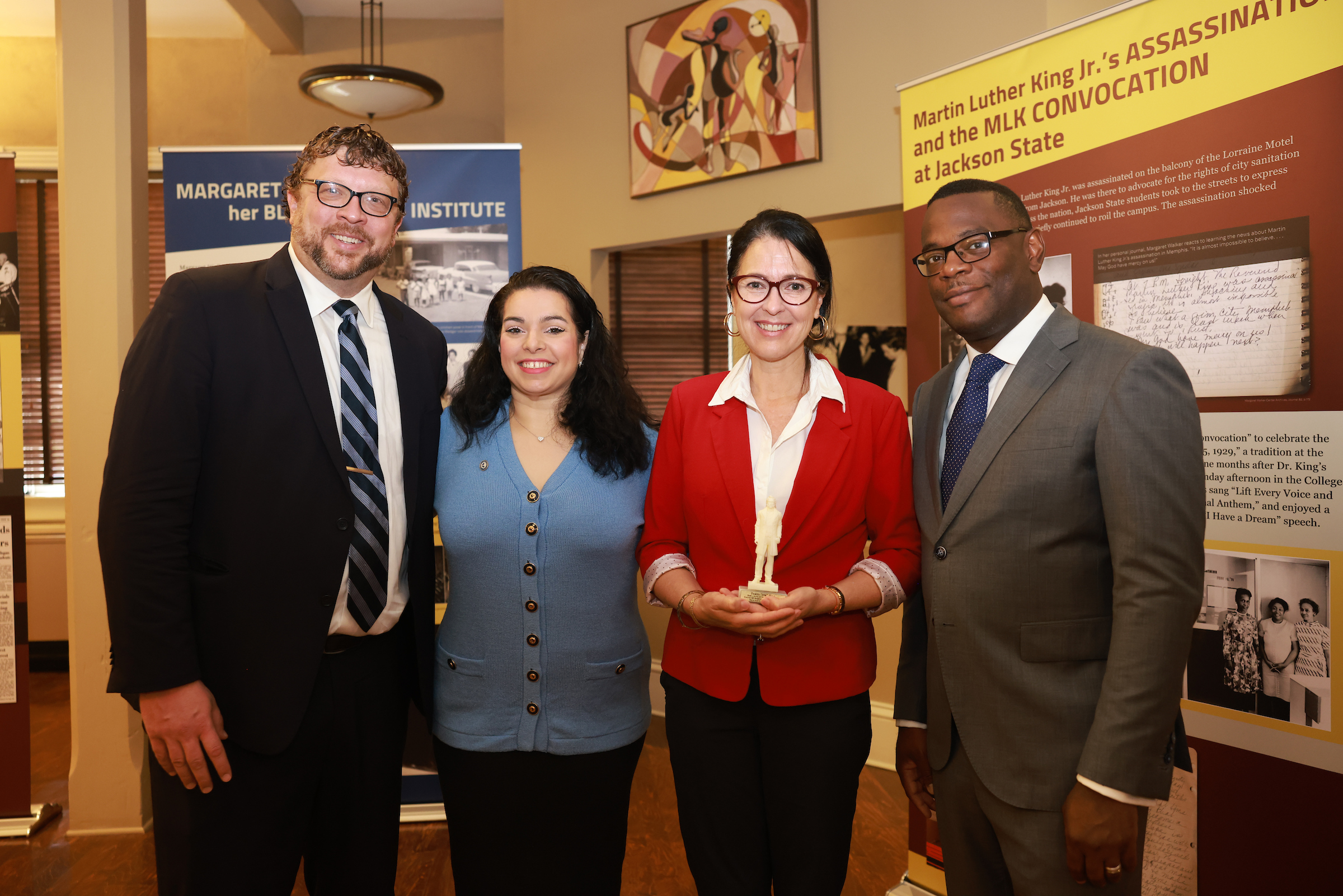 Left to right: Robert Luckett, Ph.D, Heather Denne', Ph.D., and JSU President Thomas K. Hudson, J.D. welcomes Asst. Secretary Shannon Estenoz to Jackson State (William H Kelly III/JSU University Communications)