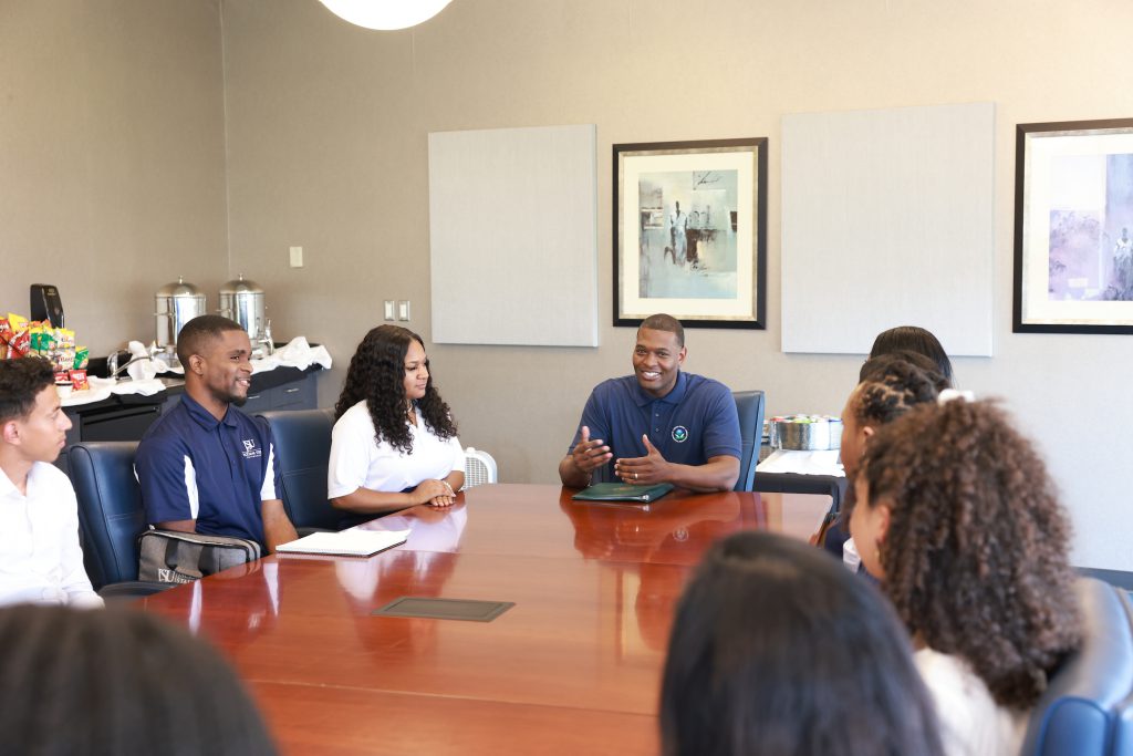 EPA Administrator Michael S.Regan sits down with JSU student leaders to discuss their experiences during the Jackson water crisis. (JSU University Communications / William H. Kelly III)