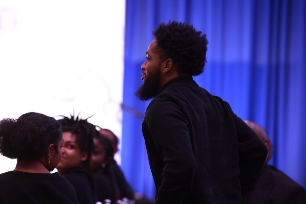 Sheryl Lee Raplh urged students attending the scholarship luncheon to ask questions, prompting JSU senior Parker DeLoach to do just that. (Photo by Charles A. Smith/JSU)