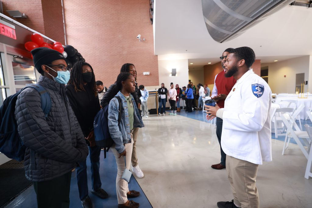 JSU alum Jacori Daniels, a second-year UMMC Medical student, returned to his alma mater feeling the need to bestow timely wisdom to students who carry the same aspiration to serve their greater community. (William H. Kelly III/JSU University Communications)