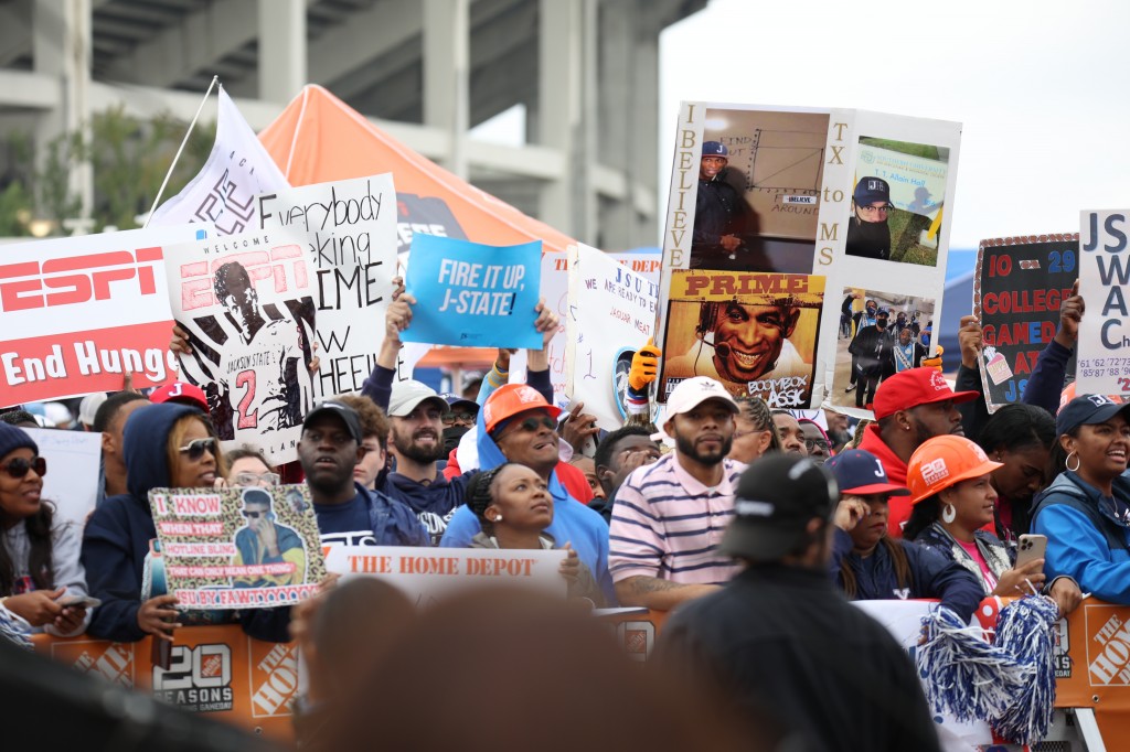Jackson State University fans display colorful signs during the ESPN College GameDay broadcast outside of Veterans Memorial Stadium on Saturday, Oct. 29, 2022. (Photo courtesy JSU / Micah Sanford)