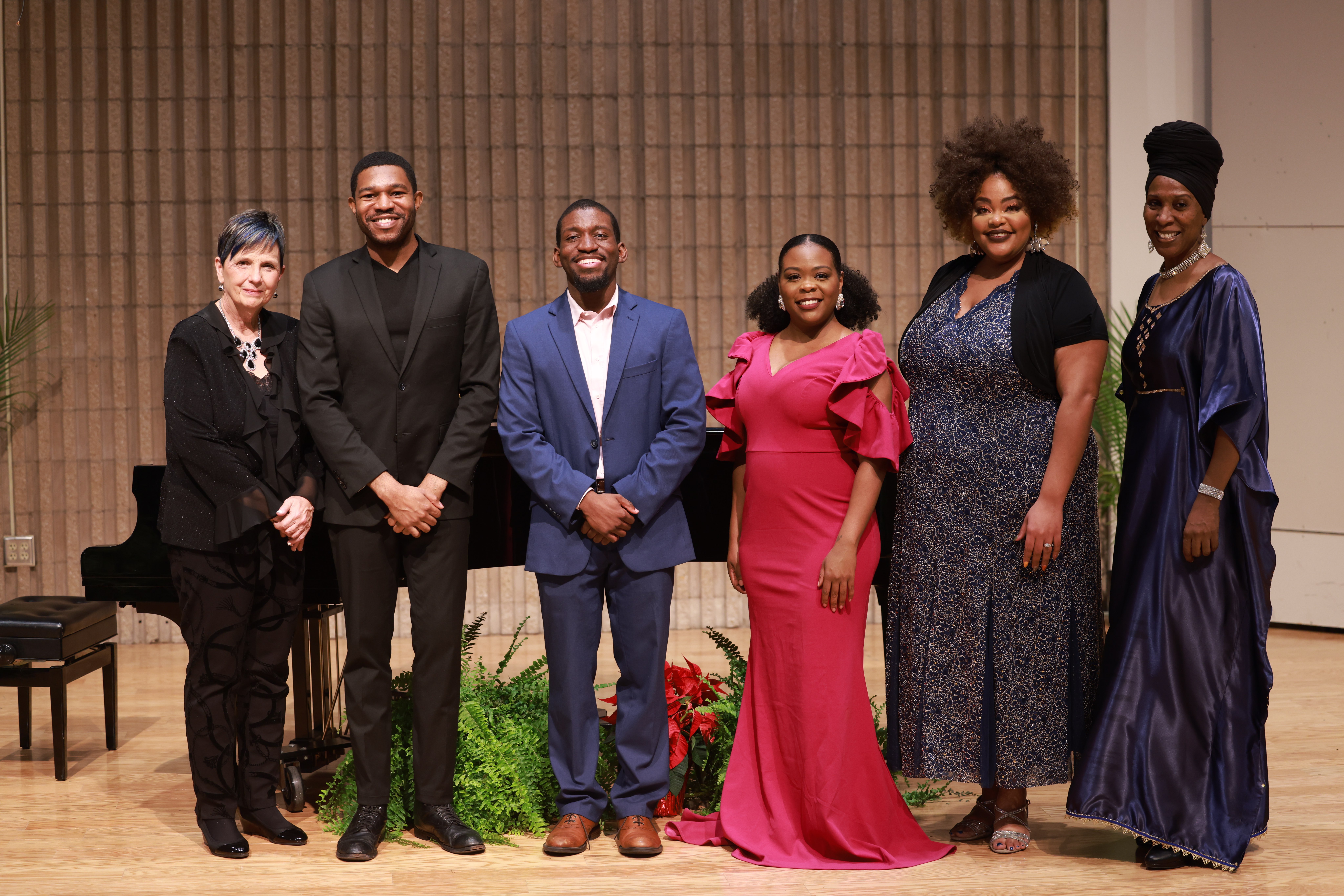 Dr. Karen Laubengayer, pianist, stand with members of Opera Unique, LLC (L-R) Edwin Jhamaal Davis, Gavin Hughes, Tiffany Williams-Cole, and GeDeane Graham with Dr. Phyllis Lewis-Hale, who narrated the event.