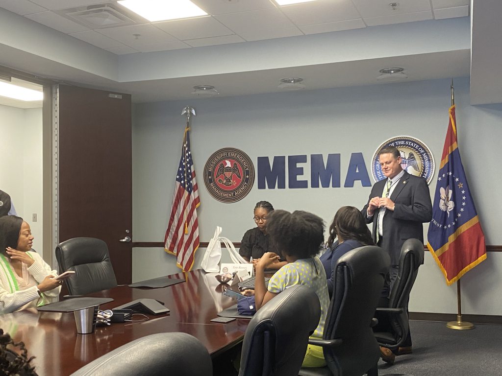 JSU students engaged in relevant discussions with MEMA administrators pertaining to the water crisis in the CIty of Jackson, the MS River drought and possible career opportunities.
