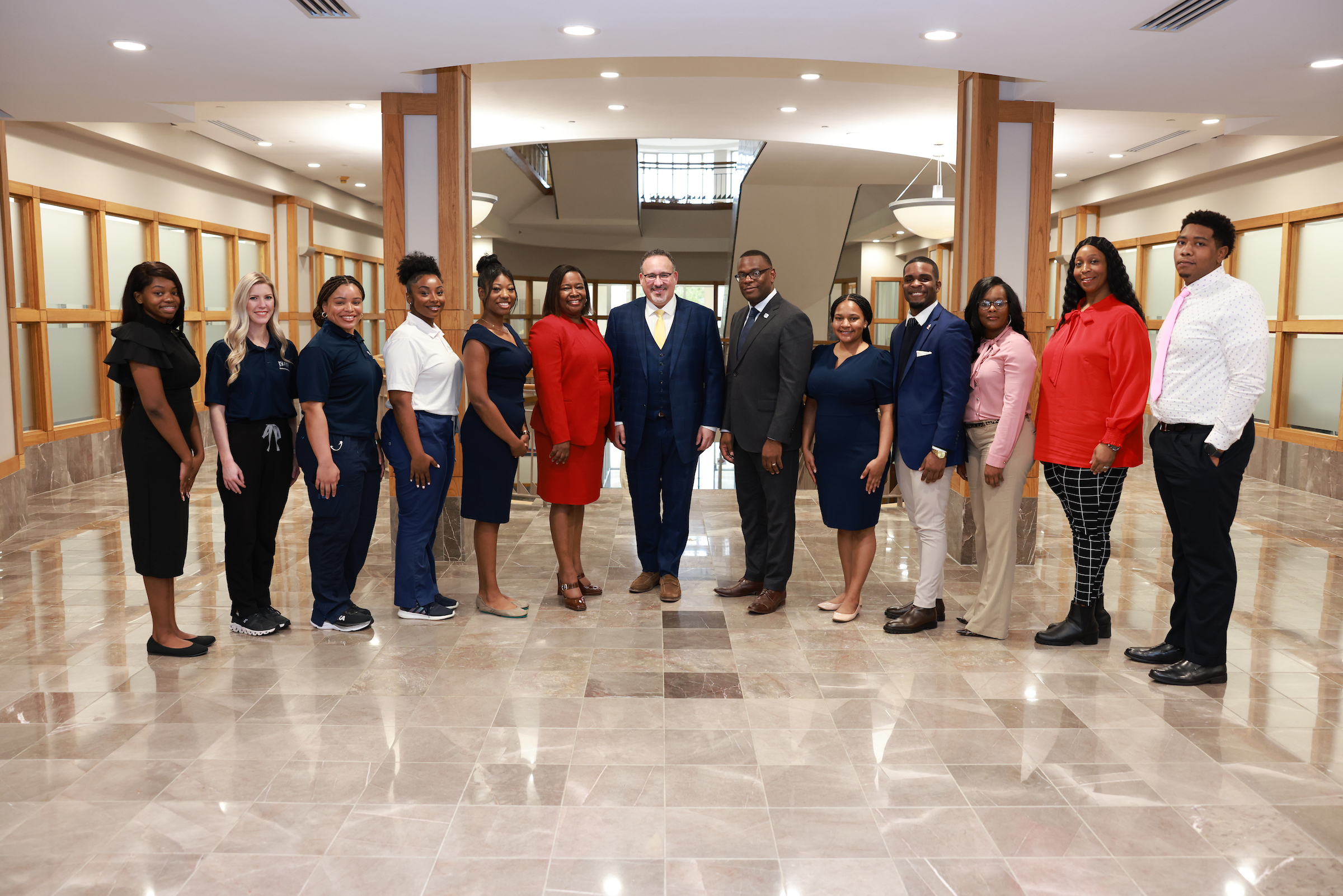 Students pose for a photo after a roundtable discussion with U.S. Secretary of Education Miguel Cardona where they discussed the state of education from teacher pipelines to what more the Department could do to assist HBCUs. (Photo by William H. Kelly, III/JSU)