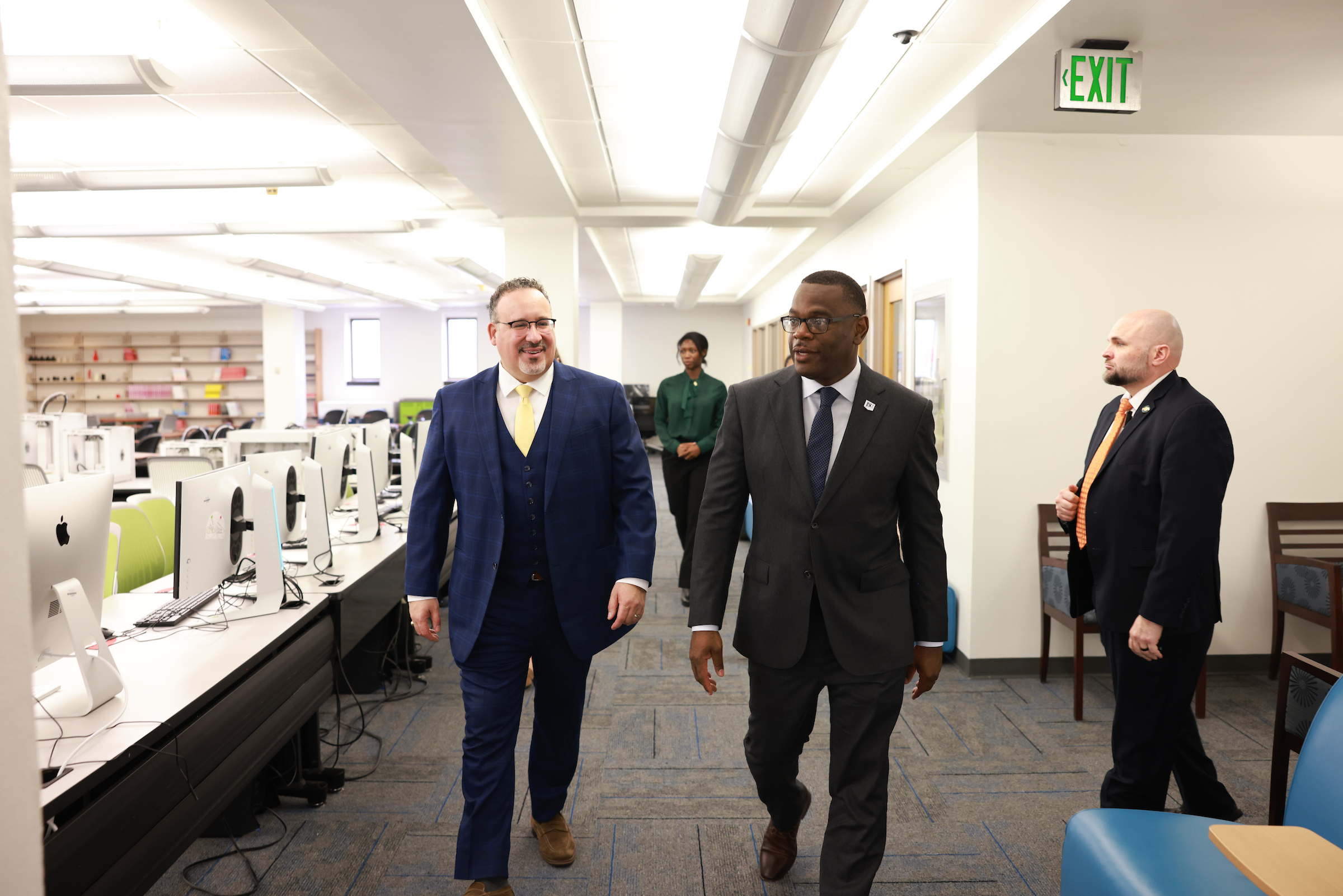 U.S. Secretary of Education Miguel Cardona tour Jackson State University's Center for Innovation while accompanied by JSU President Thomas K. Hudson, J.D. (Photo by William H. Kelly, III/JSU)