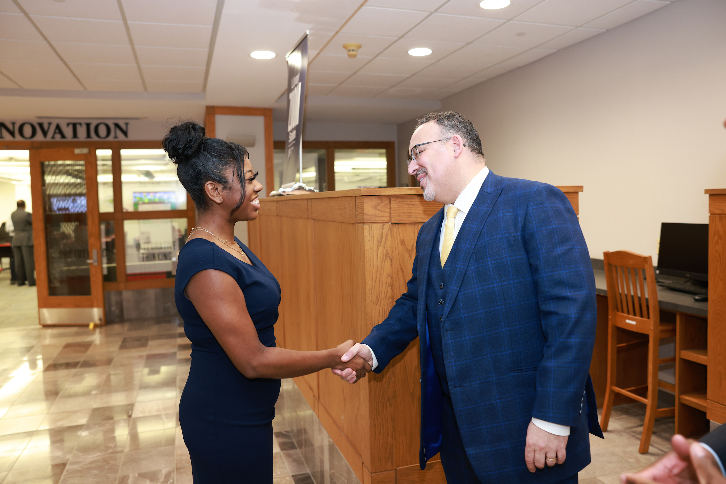 U.S. Secretary of Education Miguel Cardona greets Jackson State University's SGA President Madison Cathey, during a visit where students shared thoughts on education today. (Photo by William H. Kelly, III/JSU)