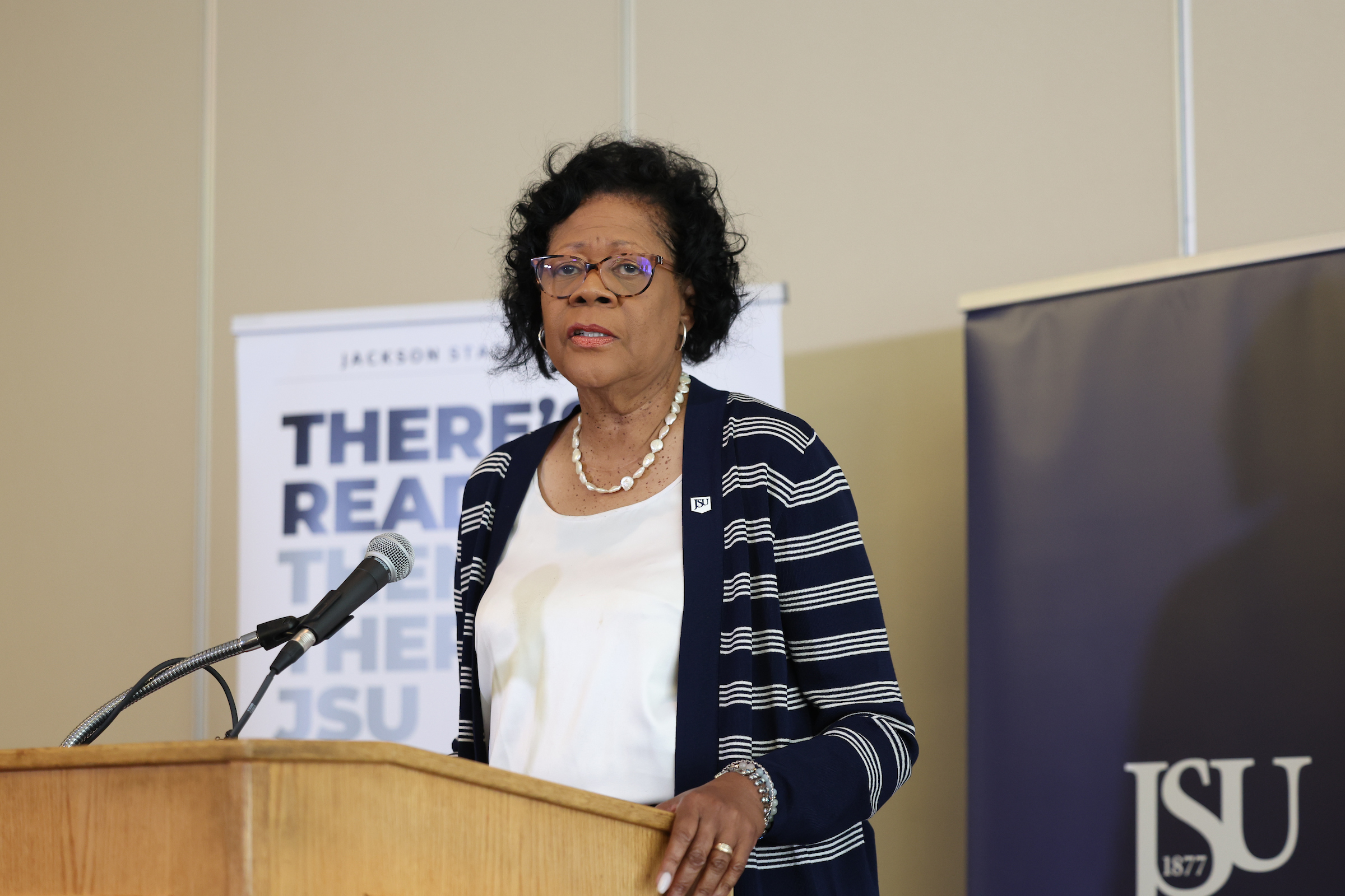 Jackson State University Acting President Elayne Hayes-Anthony, Ph.D., fielded questions from the media during Monday's presser at JSU. (Photo by Charles A. Smith/JSU)